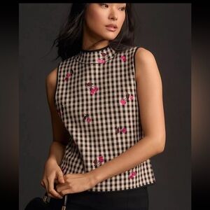 Anthropology Maeve Sleeveless Mock-Neck Sweater Tank. Pink Embroidery